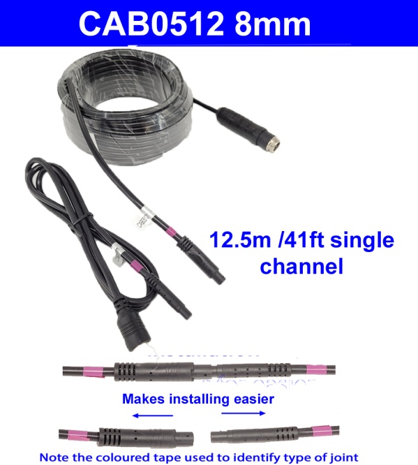 12.5m 4 pin reversing camera extension cable with 8mm disconnect